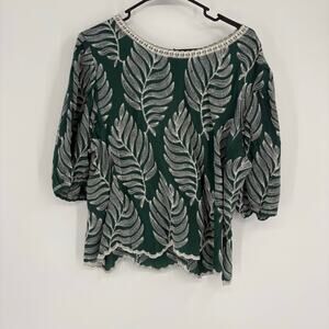 NWT Solitaire Green Embroidered Leaf Print Blouse Size XL Business Work Preppy